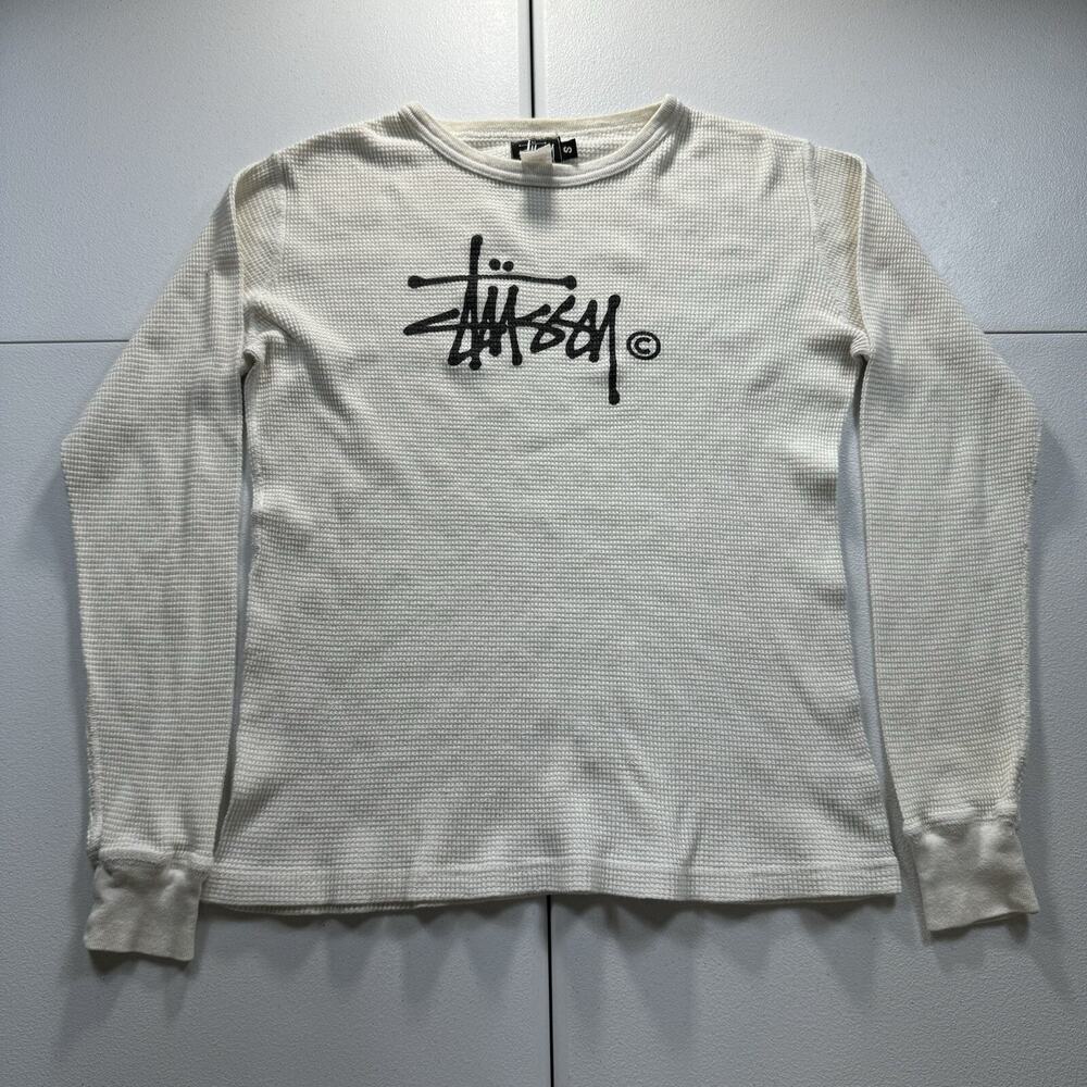 Vintage Stussy Thermal Long Sleeve T-Shirt Men’s Small White Henley Logo USA